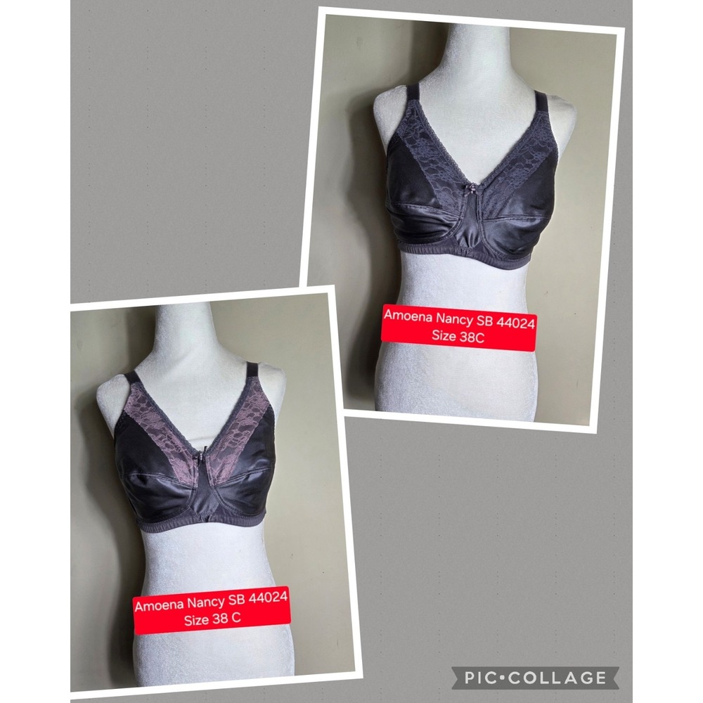 (2) Grey Bras Amoena Pocket Mastectomy Wirefree Lace Overlay Nancy SB 44024